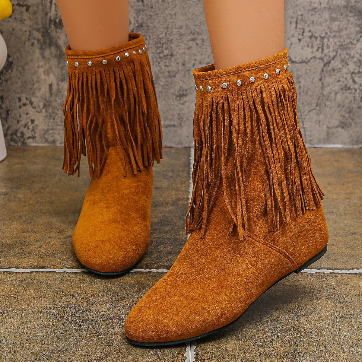 Women's Studded Tassel Mid-Calf Boots - Wedge Heel Suede Boots with Metal Accents