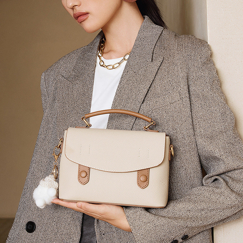 Women's Genuine Leather Cambridge Bag | Full-Grain Cowhide Shoulder Bag | Coffee Brown & Off-White