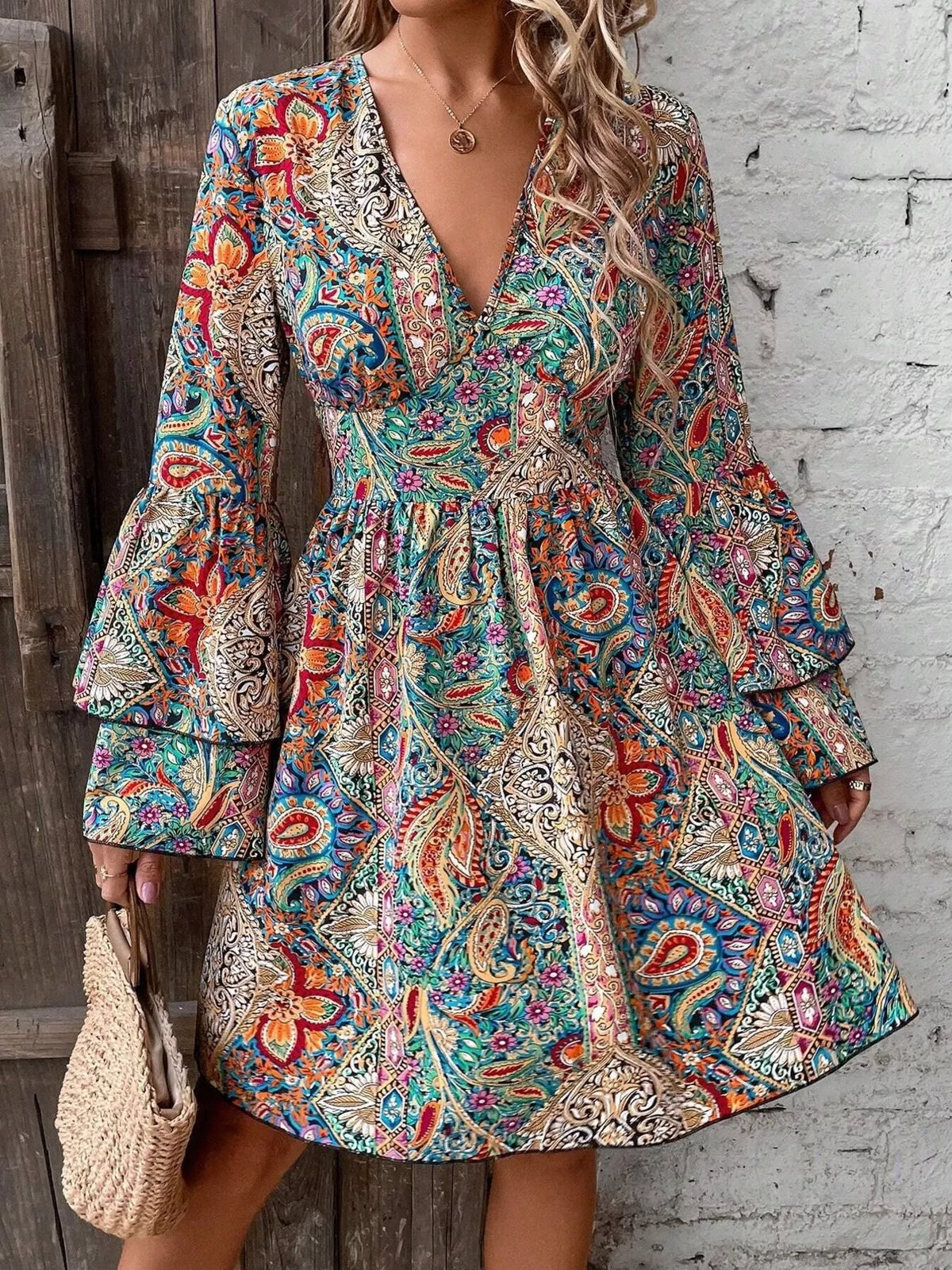 Women's Paisley V-Neck Bell-Sleeve Mini Dress
