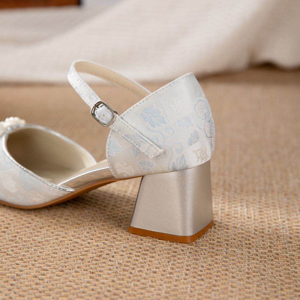 Women's Jacquard Platform Heels | Pearl Bow Square-Toe Chunky Heel Shoes