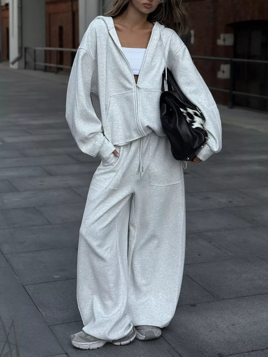 Oversized Zip-Up Hoodie and Wide-Leg Pants Set
