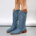 Women's Plus-Size Mid-Calf Western Boots – Blue Denim Embroidery Square Heel