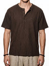 Men’s brown short-sleeve Henley T-shirt.