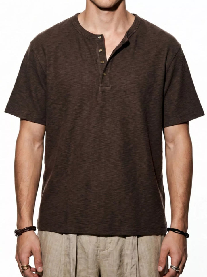 Men’s brown short-sleeve Henley T-shirt.