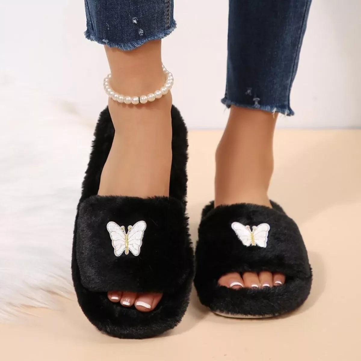 Butterfly Open-Toe Faux Fur Slippers — photo 3