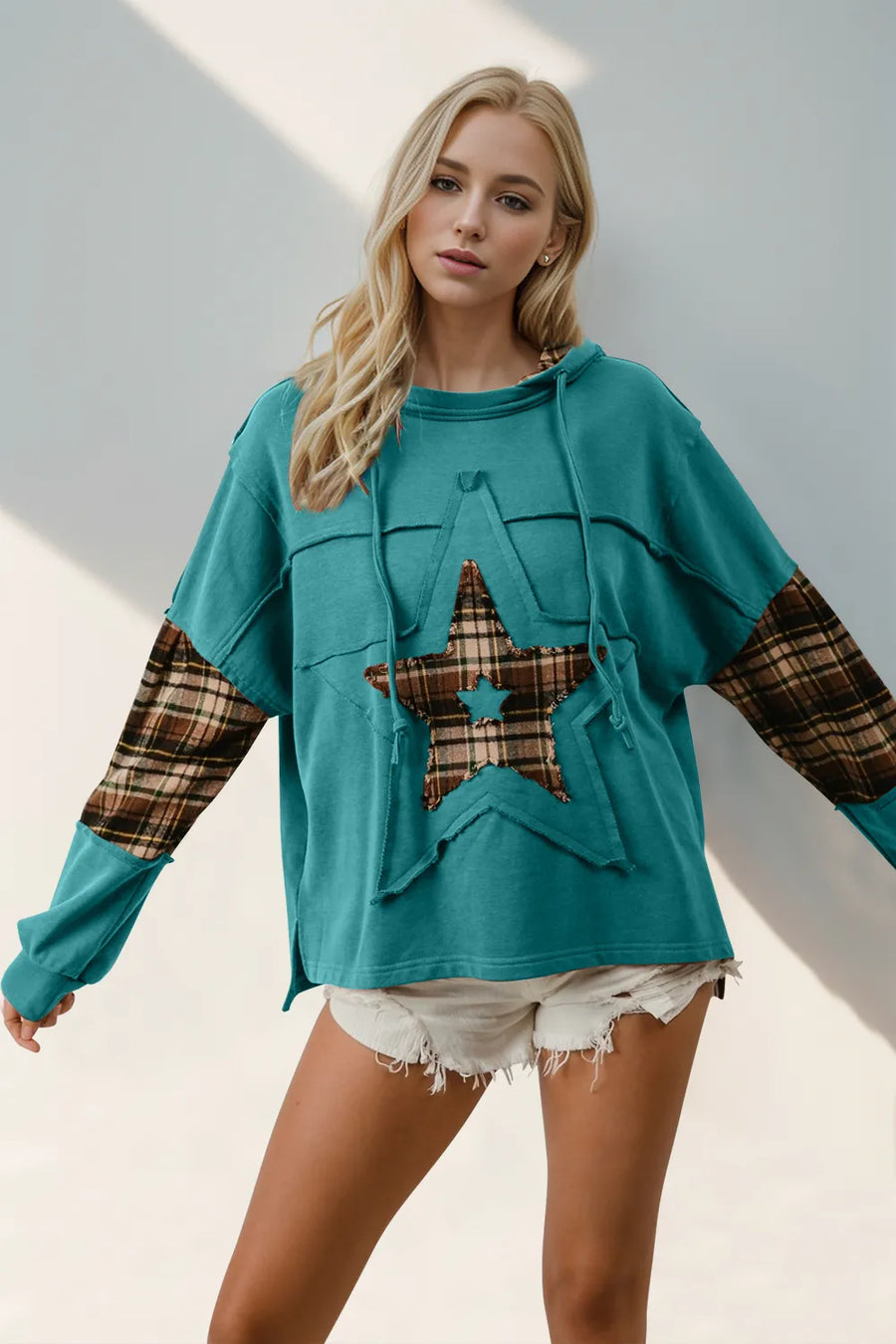 Plaid Star-Patch Drawstring Hoodie — Teal