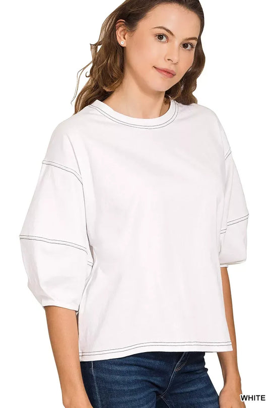 Another view: Balloon Sleeve Top with Contrast Stitching — White