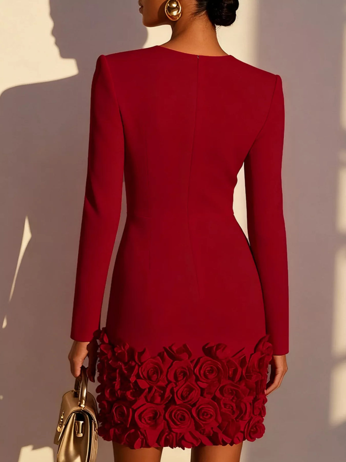 V-Neck Rosette-Hem Mini Dress