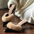 Women's Furry High Heel Slide Sandals - Pointed Toe Elegant Heeled Mules