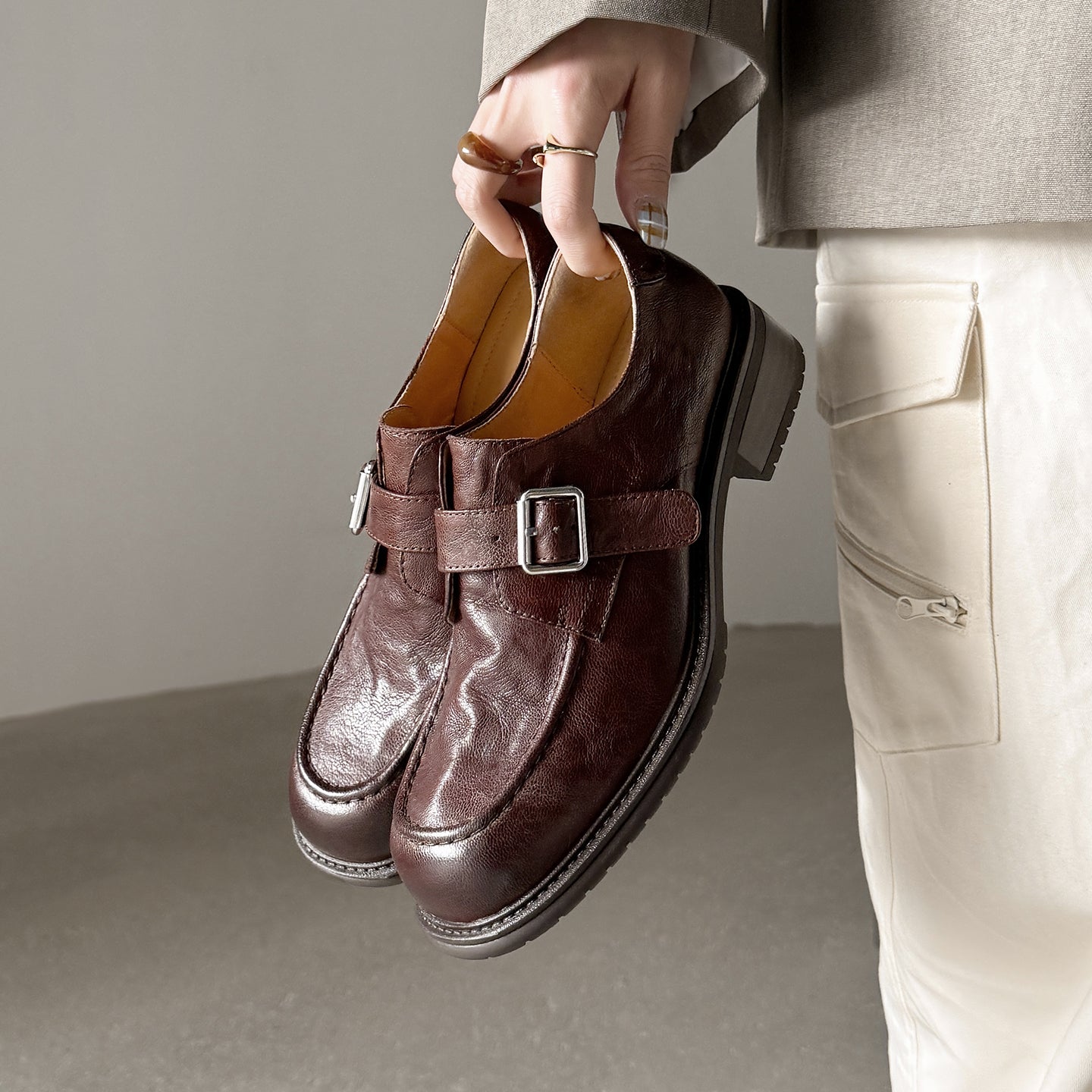 Women's Washed Leather Monk Strap Loafers | Handmade Buckle Low Block Heel Shoes
