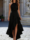 Black ruffled high-low sleeveless maxi dress.