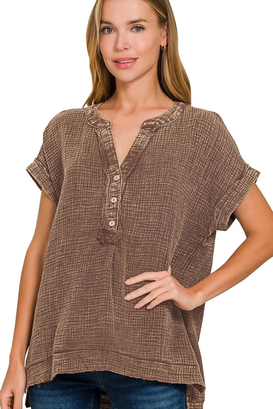 Washed Double Gauze 3/4 Button Henley Neck Shirt — Brown