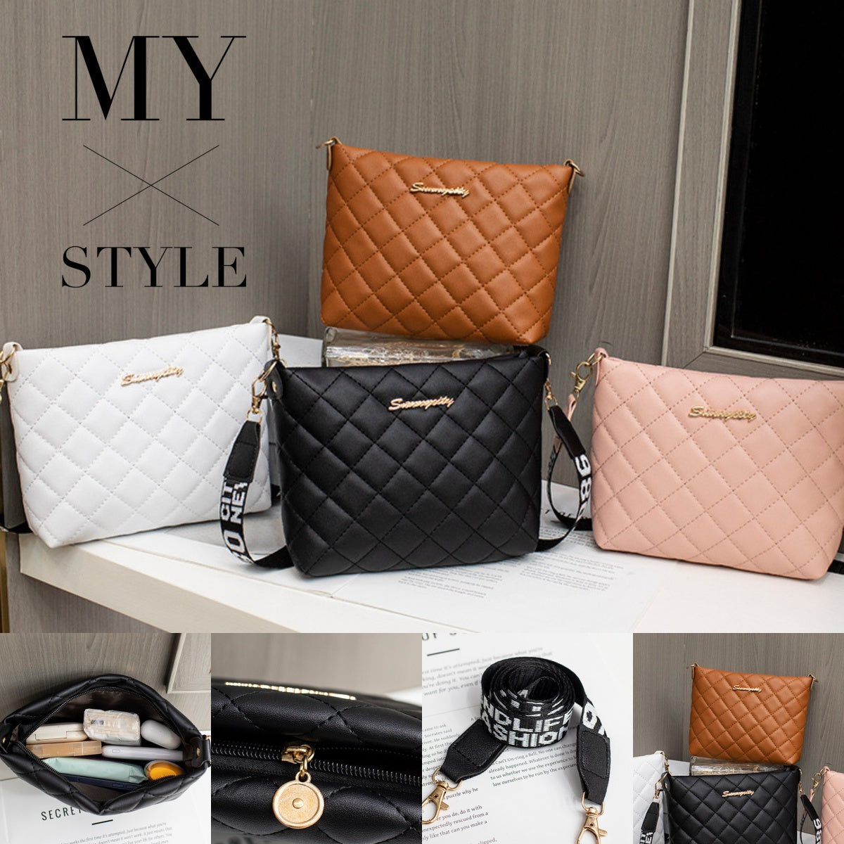 Women's Quilted Chain Crossbody Bag | Embroidered Chain Strap Shoulder Purse