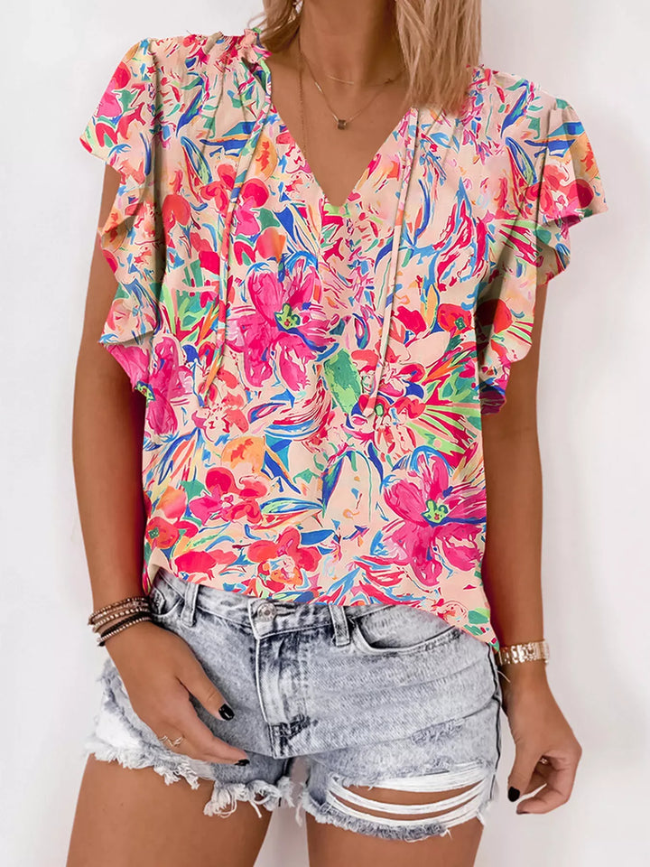 Floral Ruffle-Sleeve V-Neck Blouse — Blush Pink