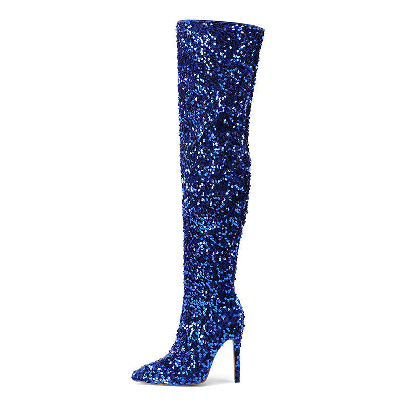 Women's Sequin Over-the-Knee Stiletto Boots – Side Zip Pointed Toe Stiletto Heels