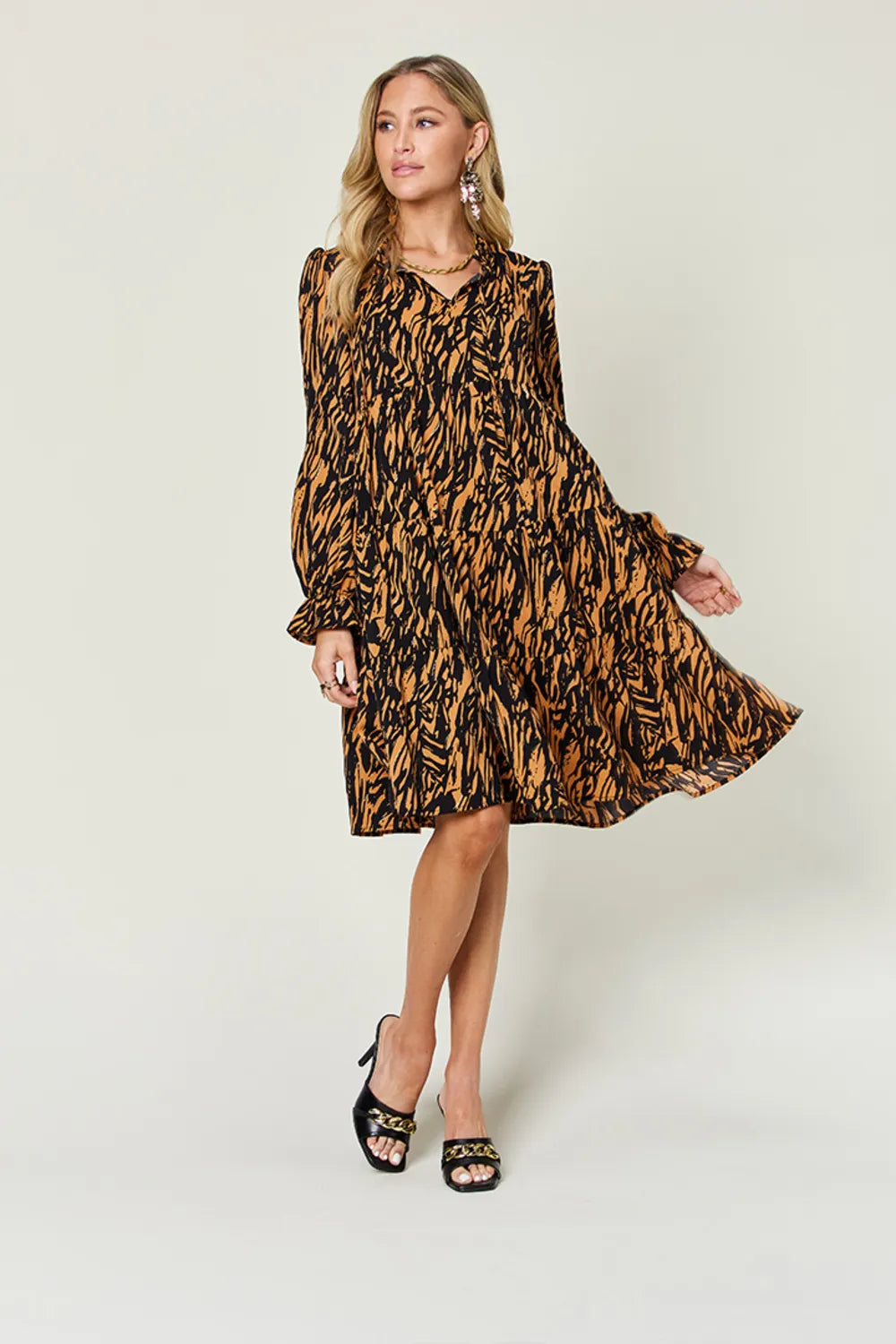 Plus Size Printed Ruffle-Hem Long-Sleeve Dress