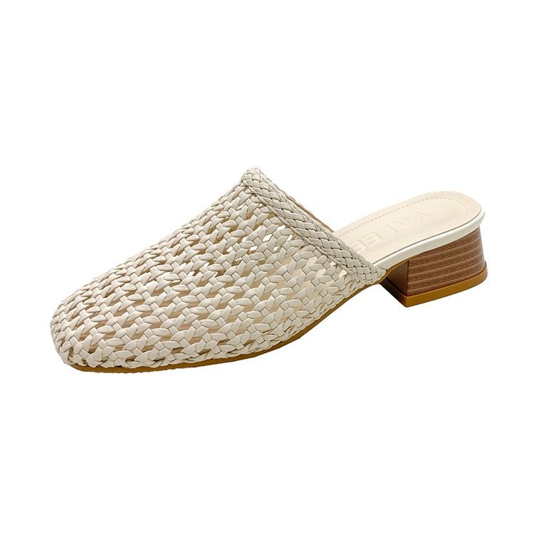 Women's Woven Square Toe Sandals - Casual Summer Flats with Synthetic Leather Upper