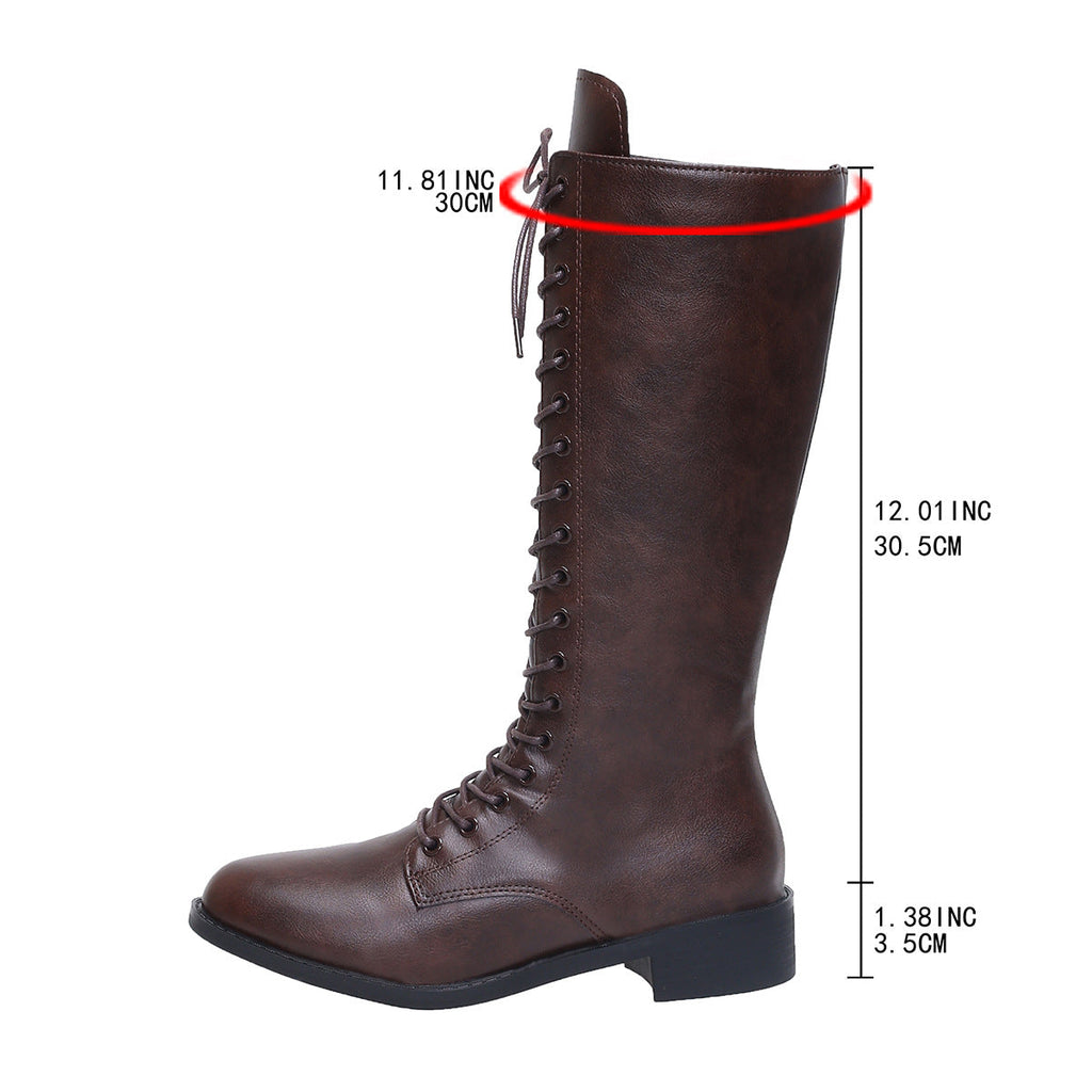 Women's Knee-High Lace-Up Boots | Round Toe Mid Heel PU Leather Boots in Black & Brown