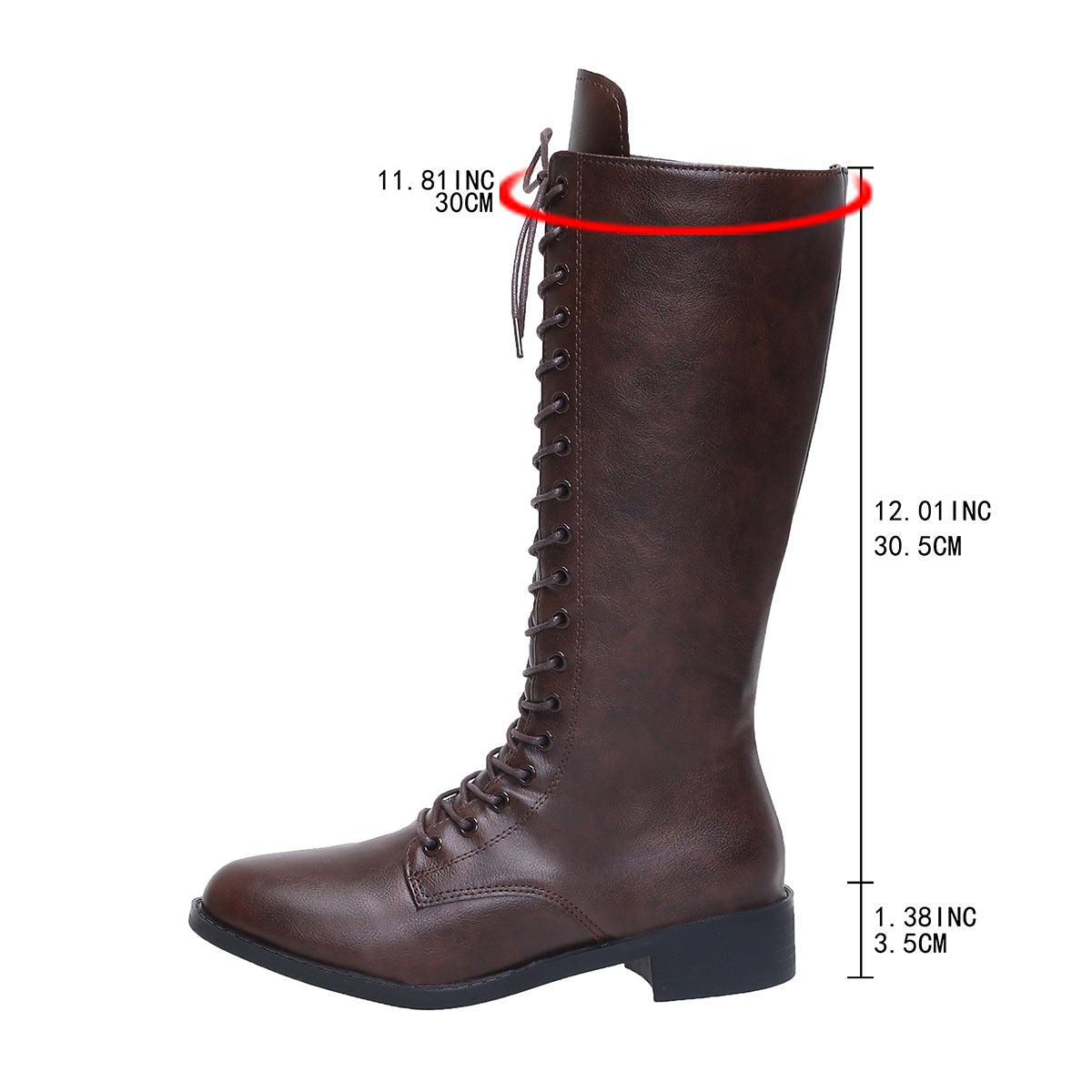 Women's Knee-High Lace-Up Boots | Round Toe Mid Heel PU Leather Boots in Black & Brown