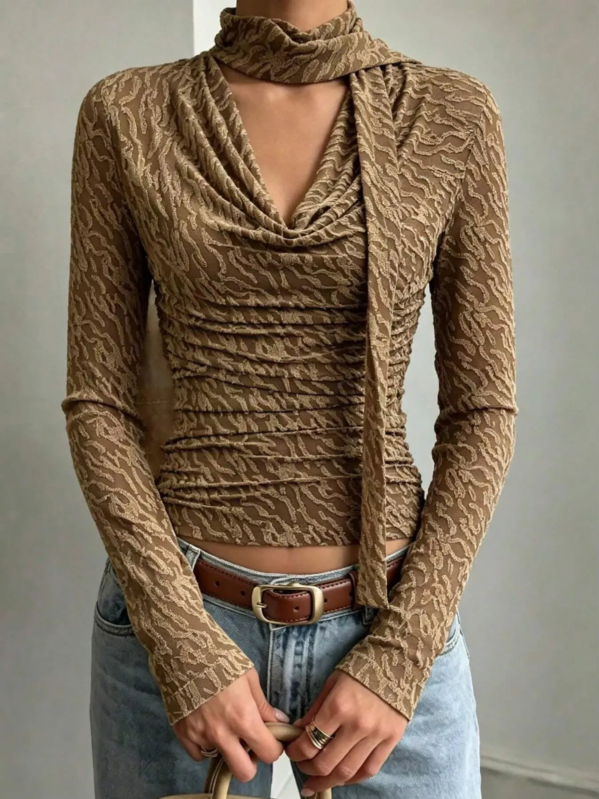 Textured Cowl-Neck Blouse with Scarf Detail — photo 3