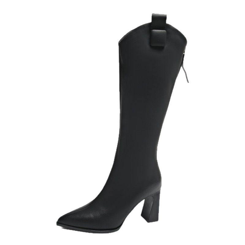 Women's Knee-High Heeled Boots with Back Zipper - Plush Lined Chunky Heel Winter Boots