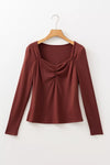 Burgundy ruched square-neck ribbed long-sleeve top, alternate view 5