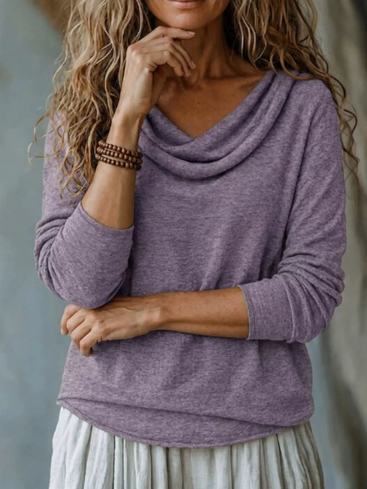 Cowl-Neck Long-Sleeve T-Shirt