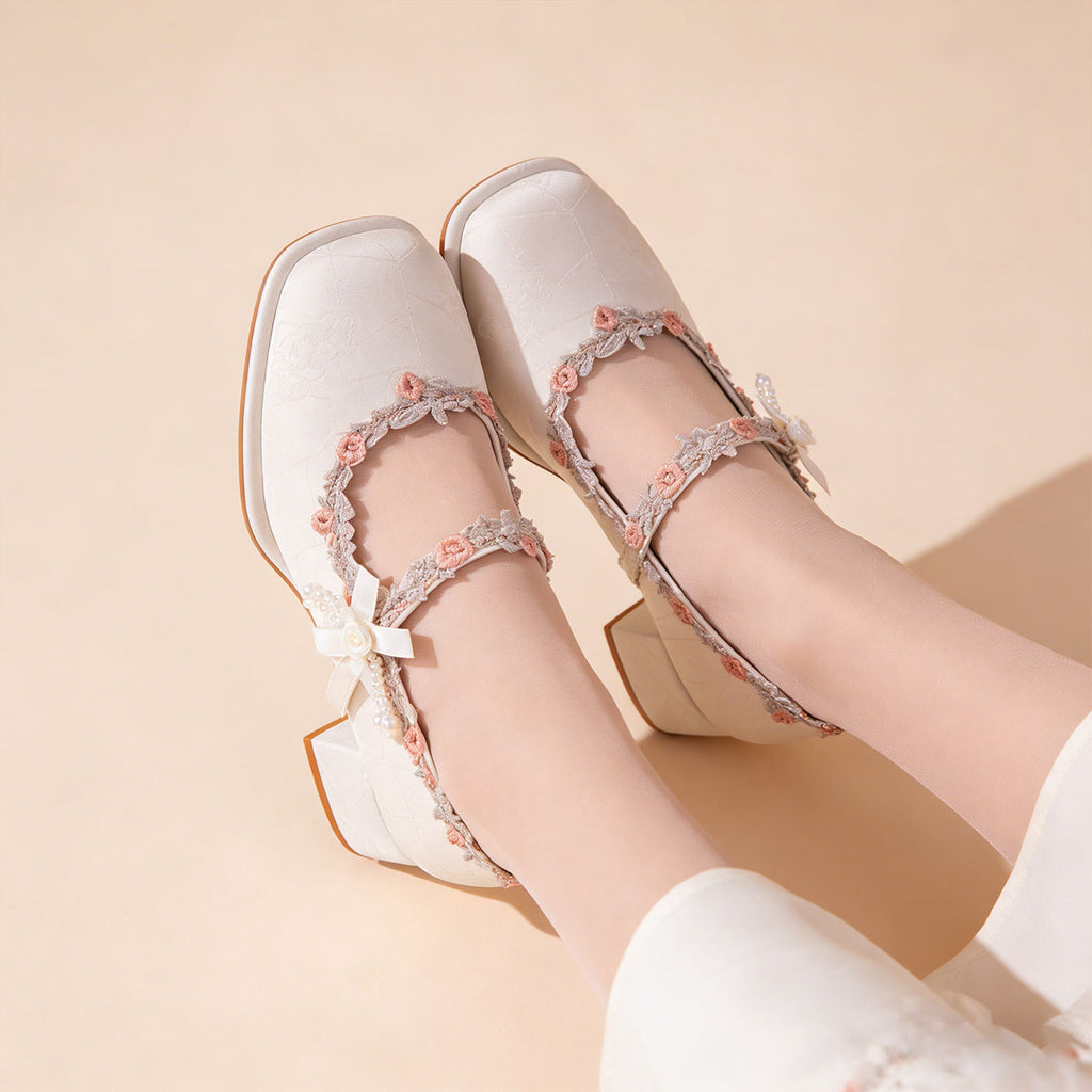Women's Oriental Jacquard Satin Mary Jane Heels | Embroidered Lace Pearl Square Toe