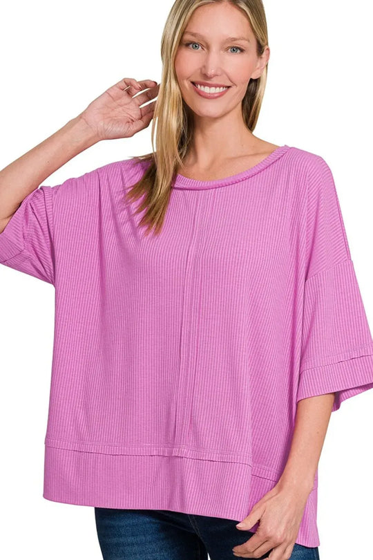 Another view: Ribbed Boat Neck 3/4 Sleeve Top — Mauve