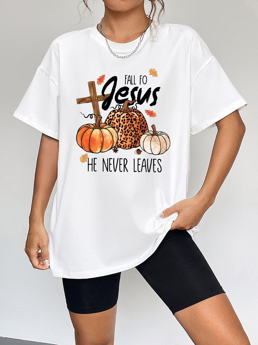 Model wearing the white Fall for Jesus oversized graphic tee