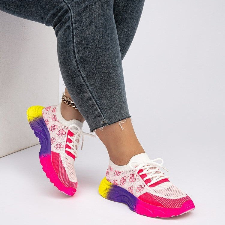 Women's Rainbow Sole Color-Block Woven Athletic Sneakers | Breathable Flat Lace-Up Low-Top