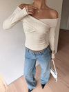Apricot off-shoulder long-sleeve crop top for women