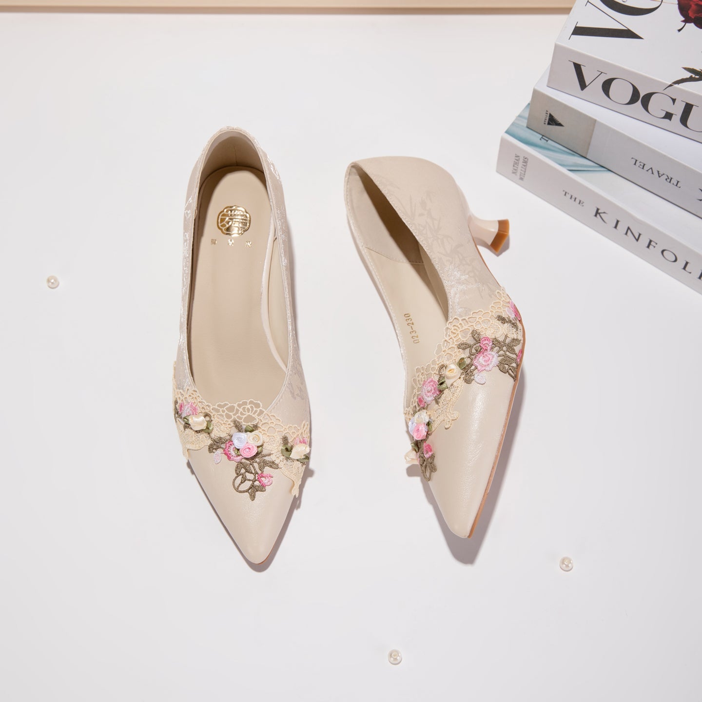 Women's Jacquard Kitten Heel Sandals | Pointed Toe Lace Flower Embroidery Heels
