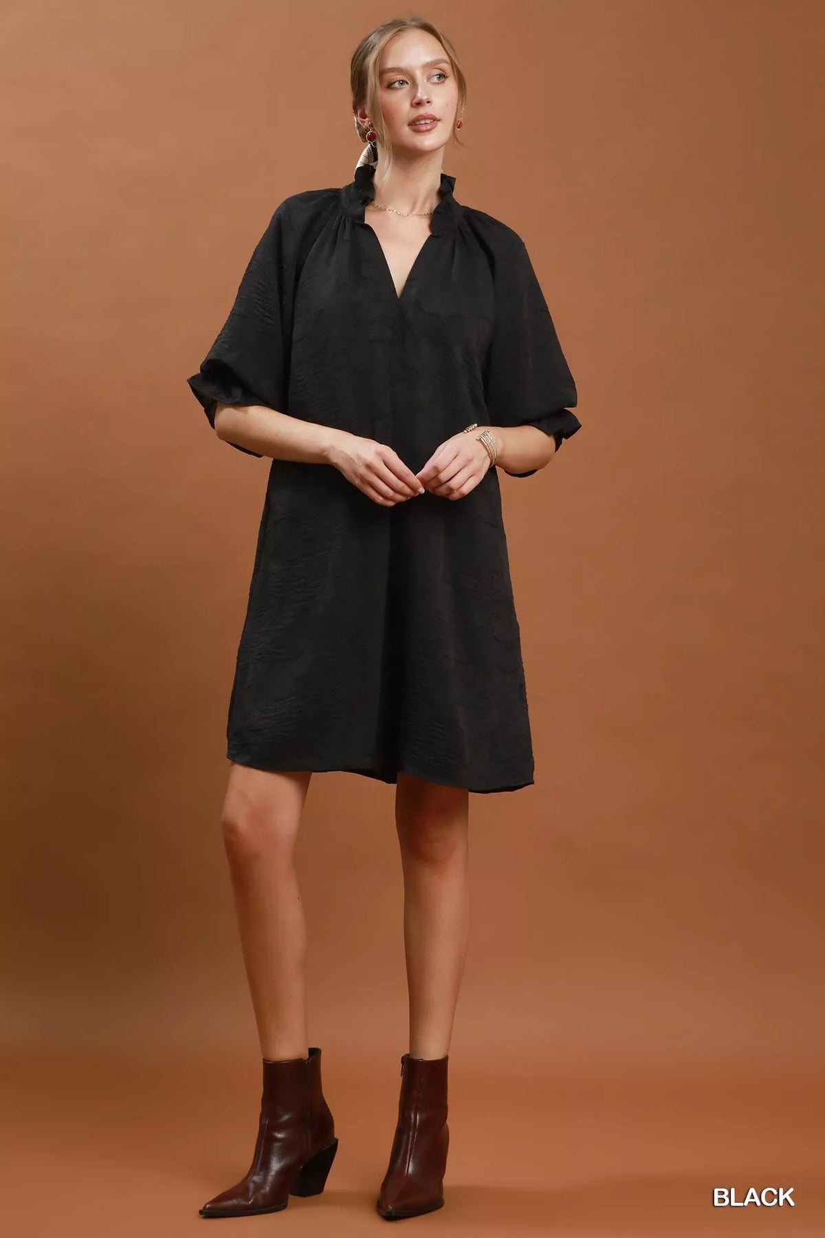 Umgee Floral Textured Jacquard V-Neck Dress — Black