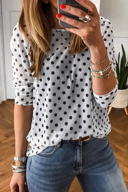 Another view: Polka-Dot Mesh Long-Sleeve Top — White