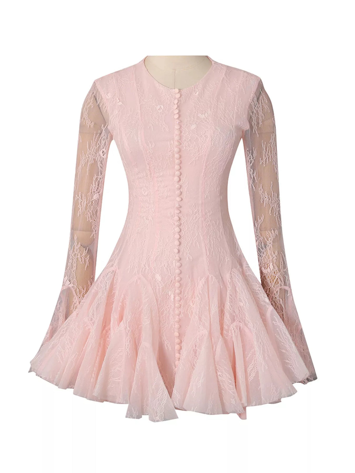 Pink Lace Flare-Sleeve Mini Dress