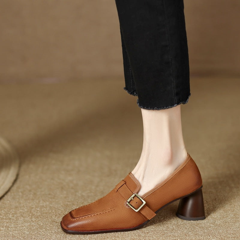 Women's Retro Chunky Heel Leather Shoes | British Style Round Toe Mid Heel Wool Leather Flats