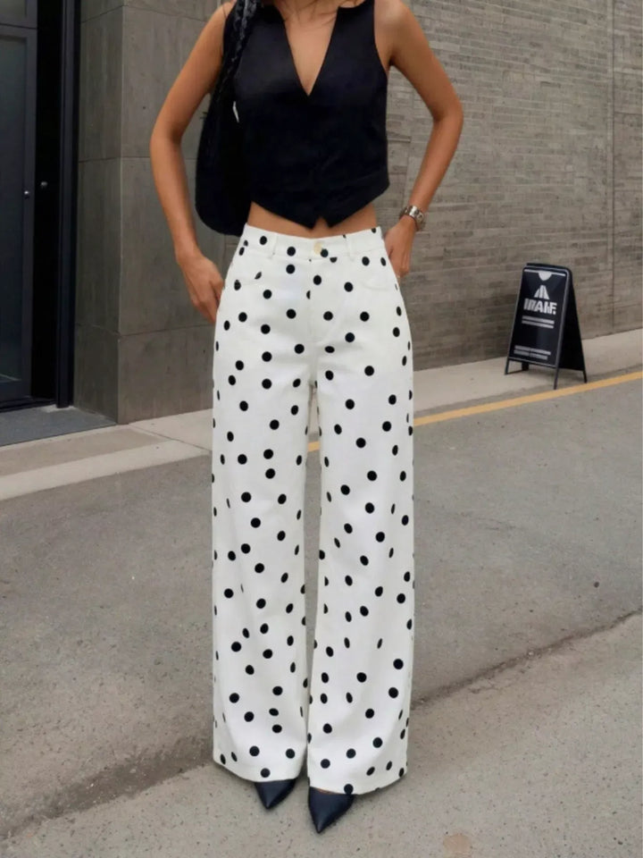 Women's High-Waisted Polka Dot Wide-Leg Pants
