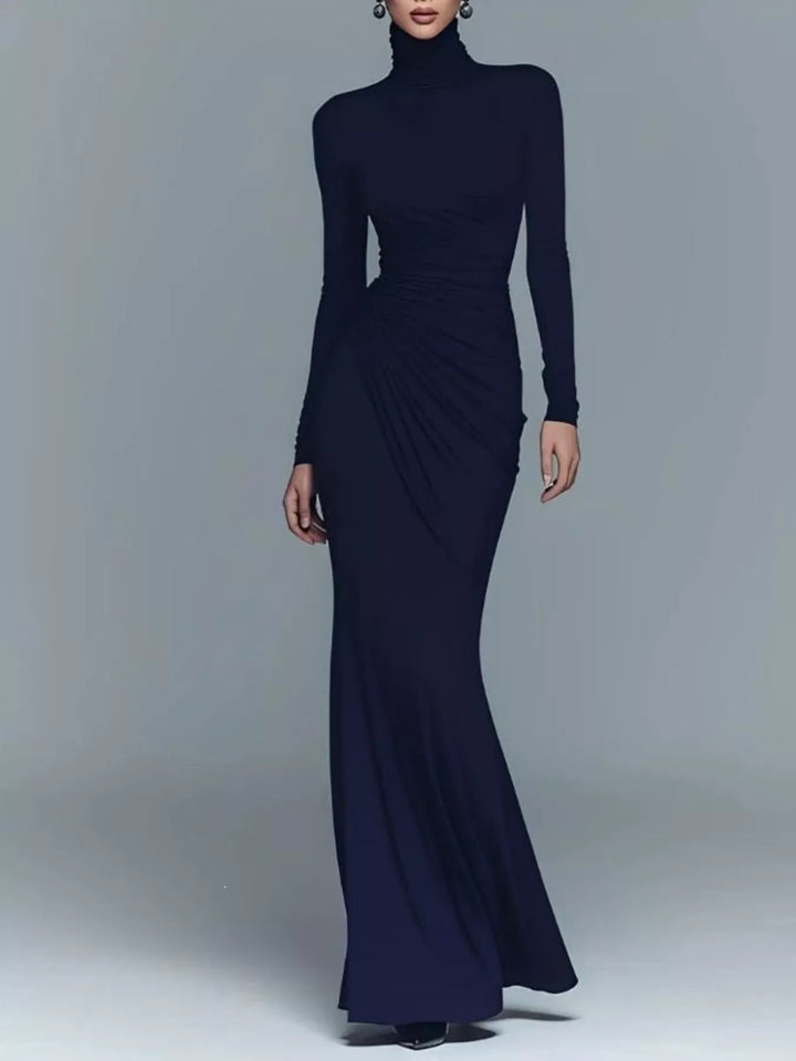 Ruched Turtleneck Long-Sleeve Maxi Dress