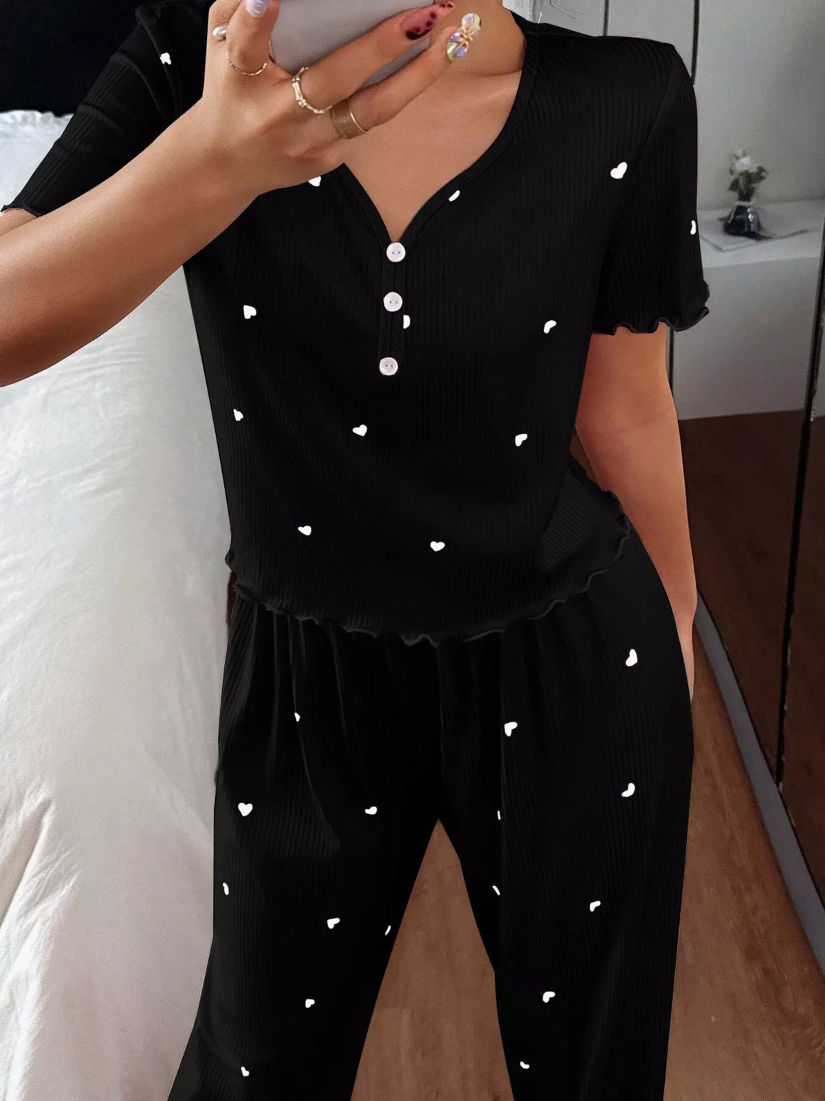 Women's Heart-Print Lettuce-Trim Loungewear Set