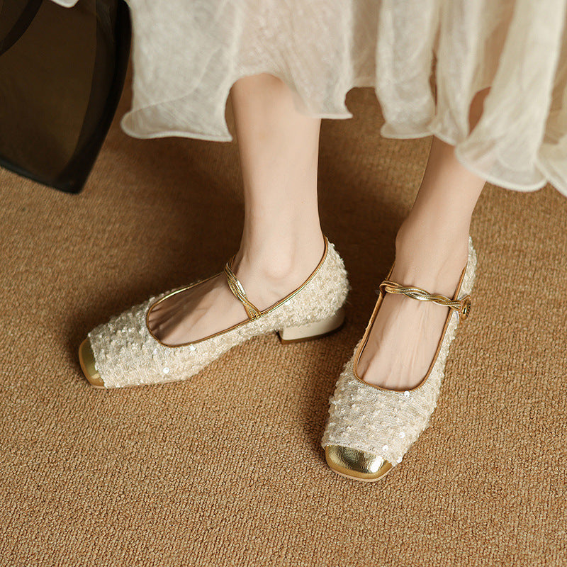 Women's Sequined Peep-Toe Mary Jane Shoes | Low Chunky Heel Buckle Dress Shoes