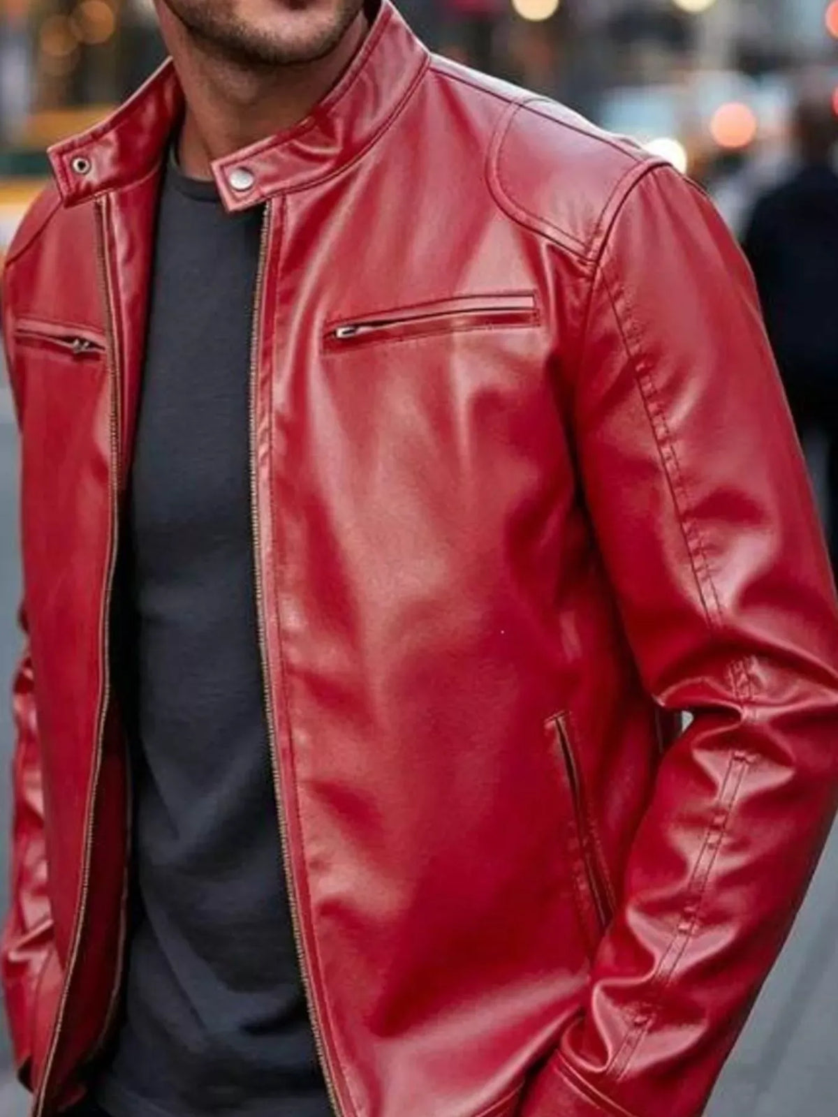 Men's Faux Leather Zip-Pocket Bomber — photo 27