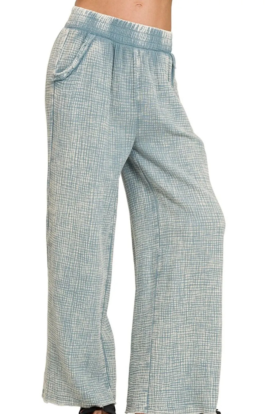 Washed Double Gauze Elastic Band Waist Pants — Blue Grey