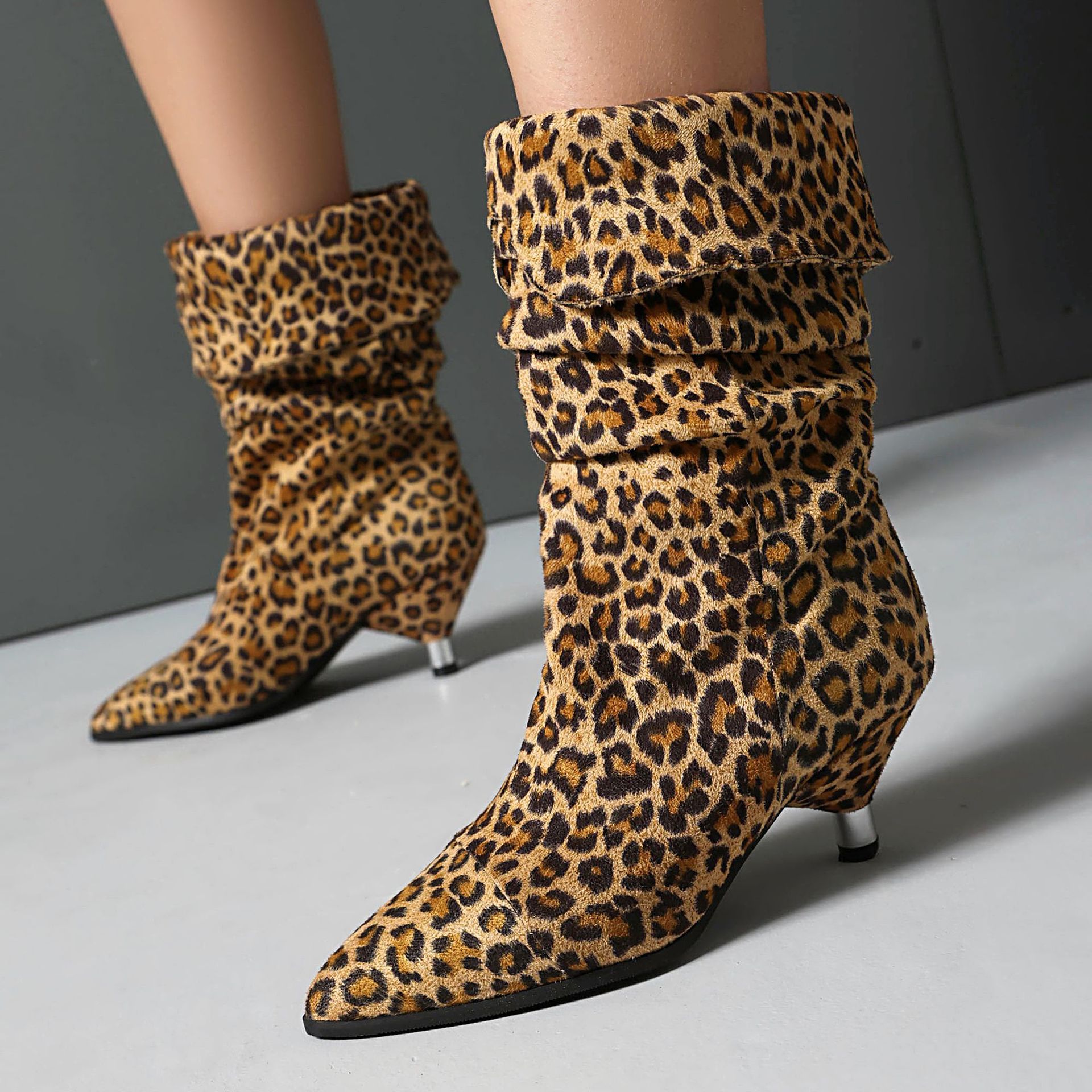 Women's Leopard Print Stiletto Heel Ankle Boots – Pointed Toe, Suede Upper, Turned-Over Cuffs