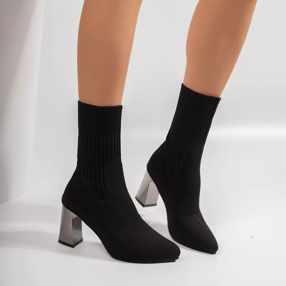 Women's Stretch-Knit Block-Heel Sock Boots
