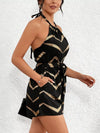 Women's black chevron halter tie-back romper