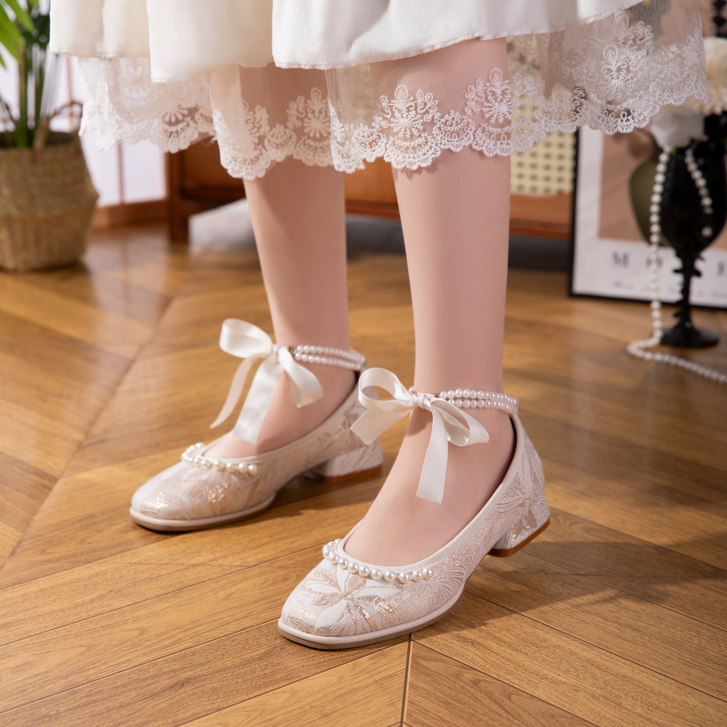 Women's Jacquard Mary Jane Low Heel Shoes | Pearl Ribbon Bow Square Toe Wedding Flats
