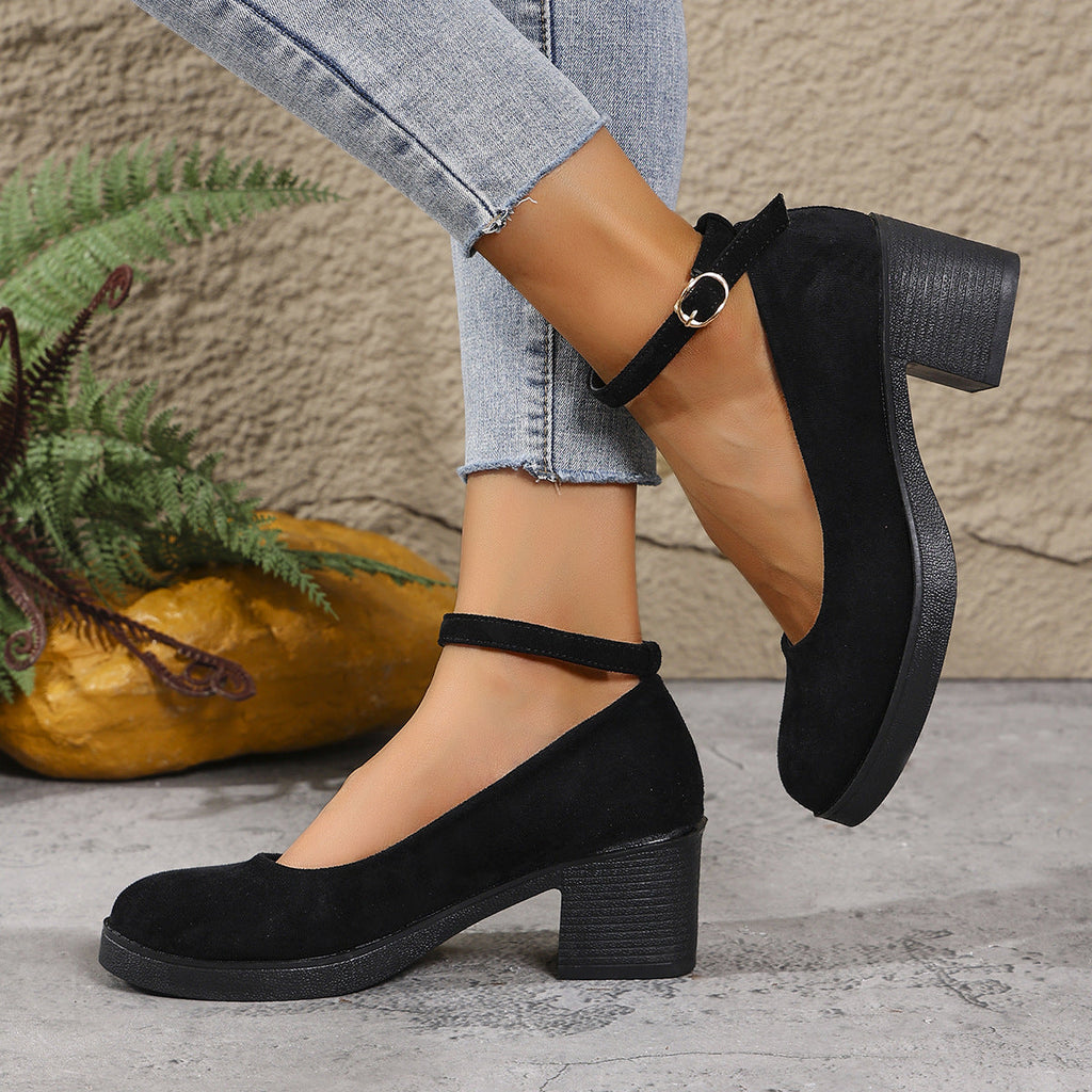 Women's Chunky Heel Suede Mary Jane Shoes - Round Toe Buckle Strap Block Heel Comfort Pumps