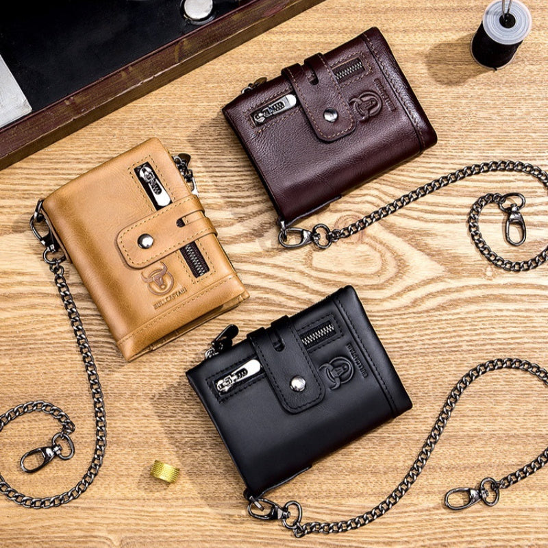 Retro Genuine Leather Bifold Wallet with Dual Zippers | Coin & Card Organizer