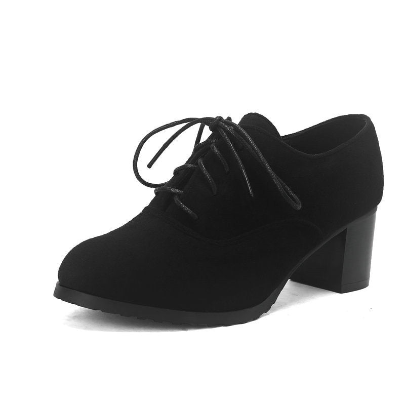 Women's Round Toe Chunky Heel Lace-Up Shoes - Suede Matte Finish High Heels